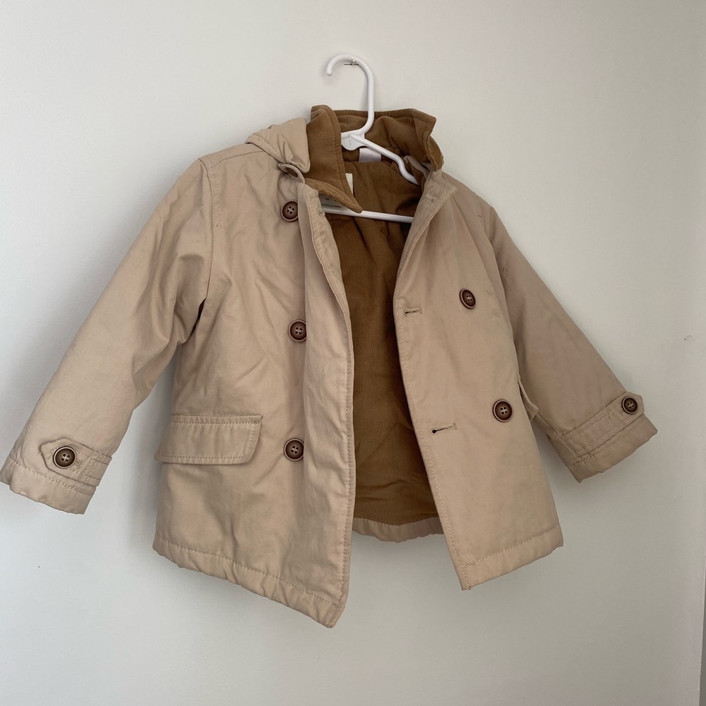 Baby Zara tan coat with corduroy lining, detachable hood, size 18-24m